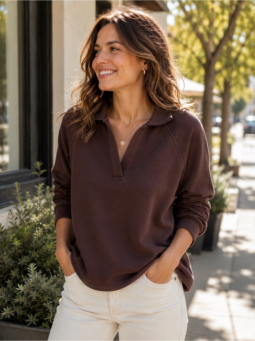 Madewell Betterberry Cozy Polo Sweatshirt in Chocolate Raisin Color - Size M